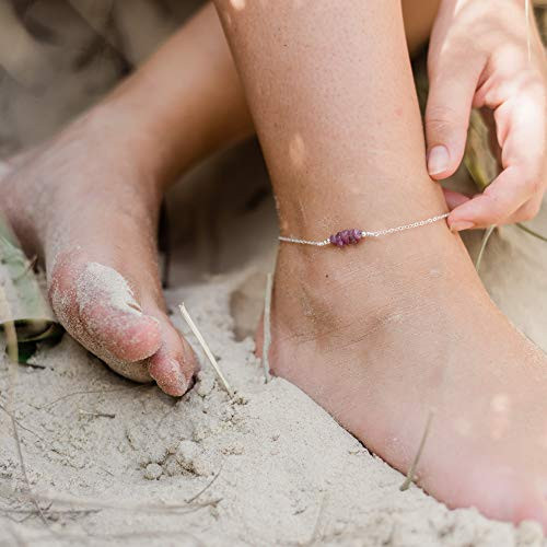 Ruby Bead Bar Anklet in 925 Sterling Silver - Genuine Gemstone