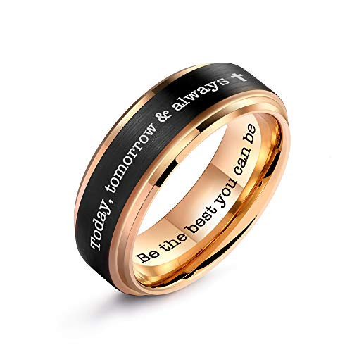 Ulan Moron Personalized Couple Ring 4mm 6mm 8mm Wedding Ring for Men Free Custom Engraved Tungsten Carbide Black Matte Satin Finish 18K Rose Gold Plated