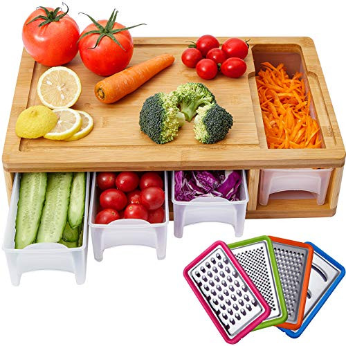 Large Kitchen Bamboo Cutting Board with Containers Trays Transparent Lids Juice Grooves 4 Graters for Easy Food Prep  and  Storage and Cleanup Wood Chopping Board with Food Sliding Opening