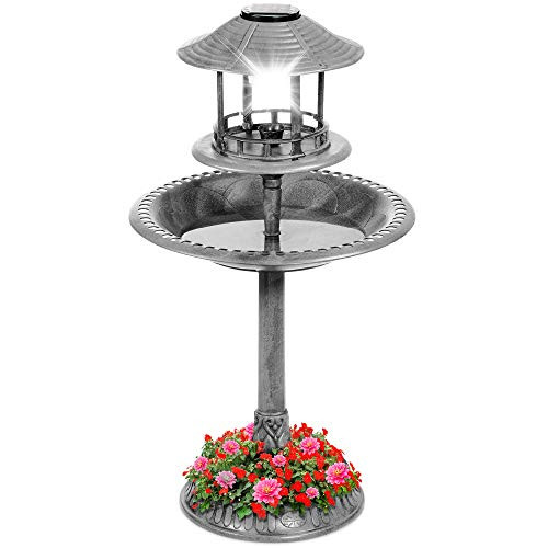 Best Choice Products Solar Outdoor Bird Bath Vintage Resin Pedestal Fountain Decoration for Yard Garden w Planter Base Feeder Decorative Bird Cage Fillable Stand - Stone
