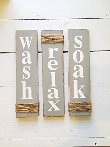 Rustic Bathroom Signs - Wash Relax Soak - Gray - Farmhouse Wooden Signs for Bathroom Decor. Primitive Wood Signs. Set of Three.
