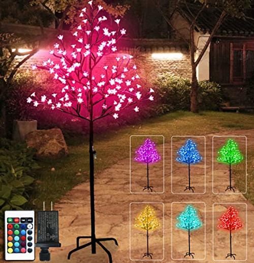 128 LED Cherry Blossom Lighted Tree Color Changing Artificial Flower Bonsai Tree Lamp with Multicolor Remote Control 5 Feet Lit Tree Centerpieces for Christmas Valentines Day Decor -4.9ft RGB