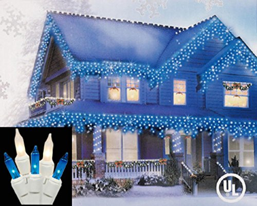 Set of 100 Blue and Clear Frosted Icicle Christmas Lights - White Wire