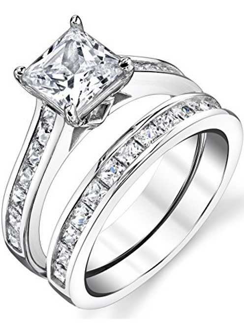 Sterling Silver Princess Cut Bridal Set Engagement Wedding Ring Bands With Cubic Zirconia Size 8
