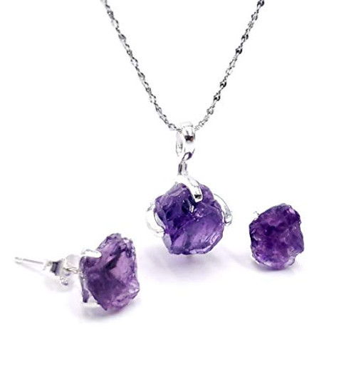 February birthstone Raw rough Amethyst with sterling silver cross chain necklace set. February birthstone necklace jewelry set uniquelan jewelry AmethystAmetrine