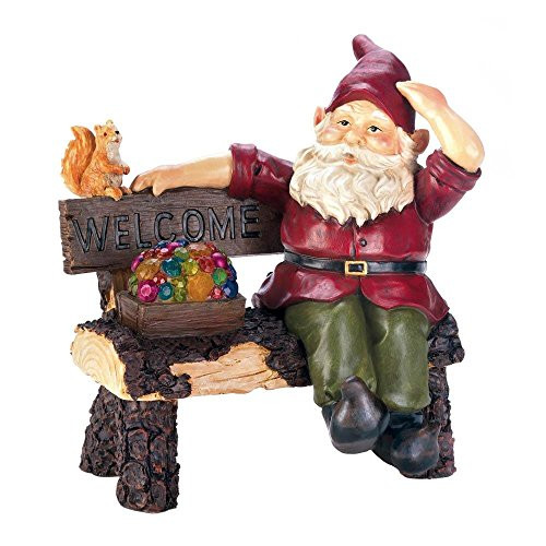 Summerfield Terrace Solar Garden Statue Gnome On Welcome Bench Small Lawn Solar Yard Figurines