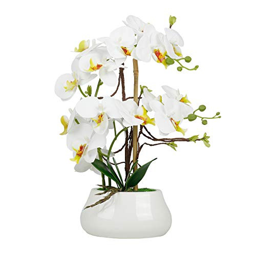 LIVILAN Faux Orchid Flowers Large Fake White Orchid Artificial Flowers with Pot Silk Orchids Plant Orquidea Artificial Phalaenopsis Orchid with Ceramic Grey Vase Indoor Decor Table Decoration