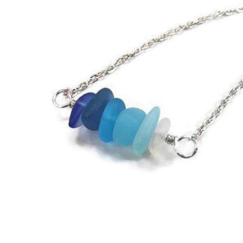 Ombre Blue Sea Glass Necklace in Sterling Silver