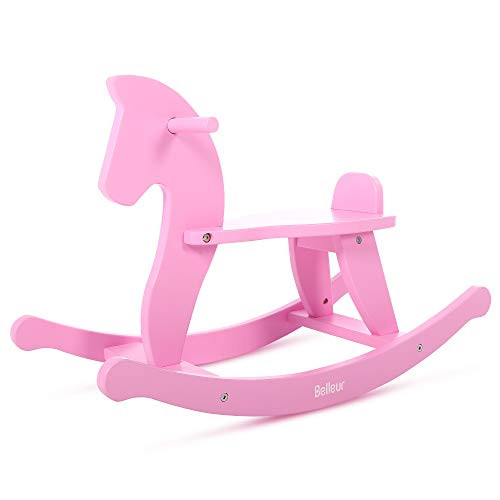 Belleur Wooden Rocking Horse for Baby Toddler Wood Ride-on Toys for 1-3 Year Old Boys  and  Girls Rocking Animal for Indoor  and  Outdoor Activities Birthday Pink