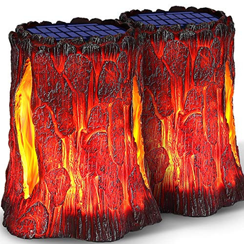 TomCare Solar Lights Outdoor Upgraded Larger Size Flickering Flame Solar Stump Lights Outdoor Decorative Solar Lantern Waterproof Patio Lights Decoration Lighting for Deck Yard Garden Porch 2 Pack