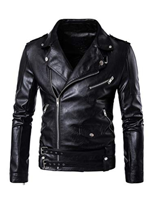 PASOK Men s PU Leather Jacket Causal Belted Faux Leather Motorcycle Jacket Zipper Biker Coat Black M