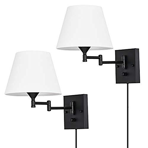 Pauwer Plug in Wall Sconce Set of 2 Swing Arm Wall Lamp with Plug in Cord and Fabric Shade Wall Light Fixtures for Hallway Bedroom Living Room  White Shade