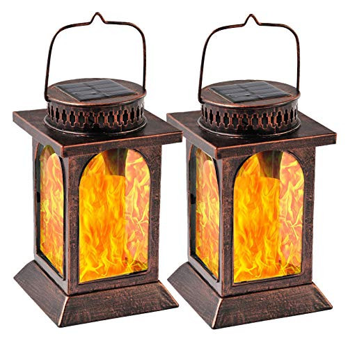 Solar Lights Metal Flickering Flame Solar Lantern Outdoor Hanging Lanterns Lighting Heavy Duty Solar Powered Waterproof Umbrella LED Flame Lights for Garden Patio Pathway Deck Yard 2 Pack