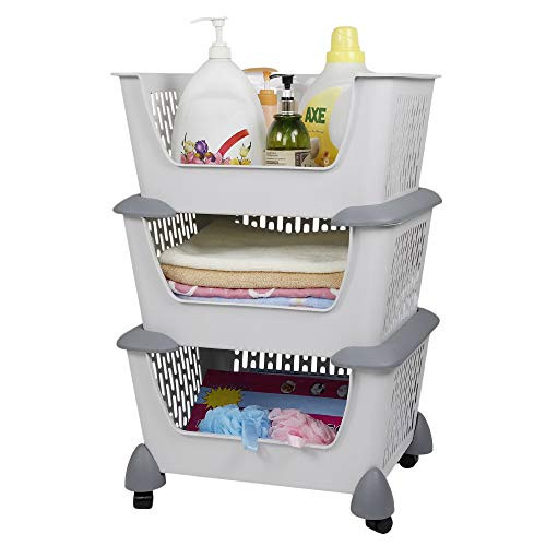 Hommp Gray Plastic Stacking Storage Organizer Basket with Wheels Multi-function Stackable 3 Basket for Home Kitchen Bathroom