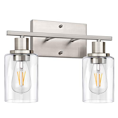 2-Light Bathroom Vanity Light Fixtures Modern Wall Lighting with Clear Glass Shade Brushed Nickel Finished Wall Sconce Lighting Porch Wall Lamp for Mirror Living Room Bedroom Hallway E26 Base 2-Light Bathroom Vanity Light Fixtures Modern Wall Lighting with Clear Glass Shade Brushed Nickel Finished Wall Sconce Lighting Porch Wall Lamp for Mirror Living Room Bedroom Hallway E26 Base