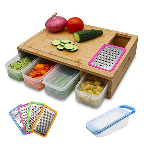EZ Life Hub Bamboo Cutting Board with Containers - Prep deck with Juice Groove - Cutting Board with Containers 4 Graters and a Box to Store Chopped Food - Large Prepdeck with 4 Trays