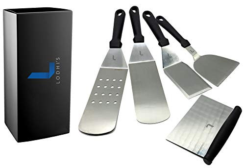 Lodhi's Set of 5 Metal Spatula Stainless Steel with Plastic Handle  Multipurpose BBQ Spatula Set For BBQ Grill Griddle  Pancake Flipper, Griddle Scarper, Dough Scraper, Griddle Spatula, Perforated