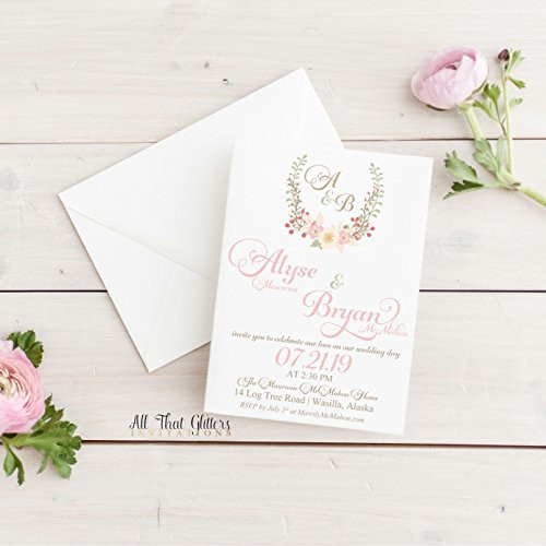 Personalized Rustic Watercolor Wedding Invitations with Floral Wreath Bohemian Wedding Invitation