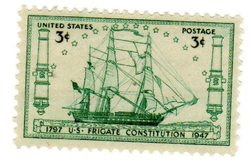 Postage Stamps United States. One Single 3 Cents Blue Green Naval Architects Drawing of U.S. Frigate Constitution Issue Stamp Dated 1947 Scott 951.