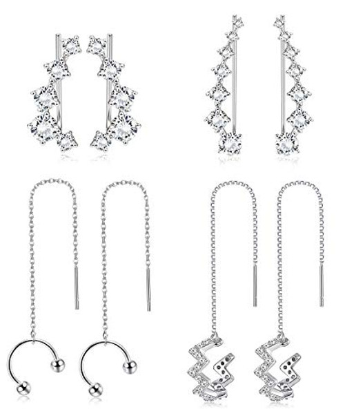 Finreizo 4 Pairs Crystal Climber Earrings for Women Hypoallergenic Ear Cuffs Hoop Stud Ear Climber Jackets Wave Cuff Wrap Tassel Threader Earrings