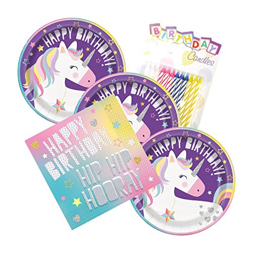 JJ Party Supplies Unicorn Birthday Party Plates and Napkins Serves 16 With Birthday Candles