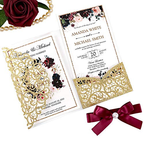 Doris Home 4.7 x7 inch 1PC Blank Glitter Gold Wedding Invitations Kit Laser Cut Hollow Rose Pocket Wedding Invitation Cards with Envelopes for Wedding Bridal Shower Engagement Invite