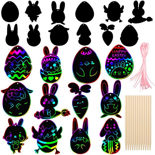ONEETIS 12Pcs Scratch Paper Easter Ornaments Rainbow Easter Egg Rainbow Scratch Art Bunny Eggs Chicks Decoration Rainbow Scratch Art for Kids Party Favors Supplies