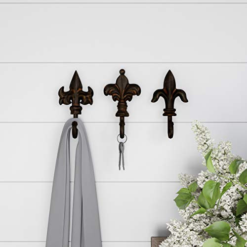 Lavish Home Decorative Hooks-3 Cast Iron Shabby Chic Rustic Fleur De Lis Wall Mount Hooks for Coats, Hats, Jewelry, and More (Set of 3)