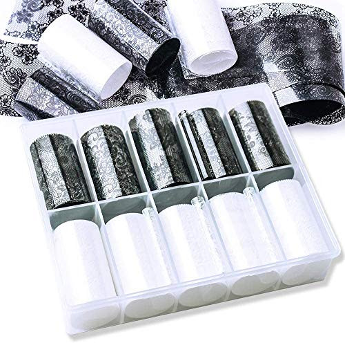 JMEOWIO Nail Foil Transfer Stickers Lace Foils Sticker Nail Art Supplies 10 Rolls Nail Adhesive Acrylic Decorations DIY Nail Art Foil Designs for Women Manicure  Black and white