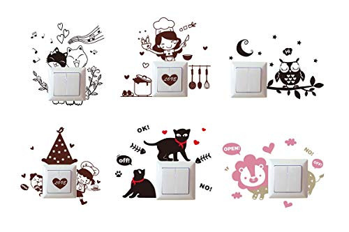 Removable Wall Stickers Switch Sticker- Variety Cartoon Stickers Girl Cow Cat Owl 3D Wall Decor Decals Family DIY Decor Art Stickers Kids Room Office Home Decoration 6 PCS