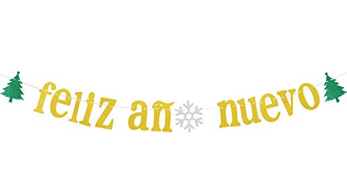 Feliz año Nuevo Banner Gold Glitter Spanish Merry Christmas Banner Happy New Year 2021 Winter Holiday Party Decorations