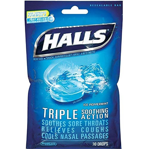 Halls Mentho-Lyptus Drops Ice Peppermint 30 Each