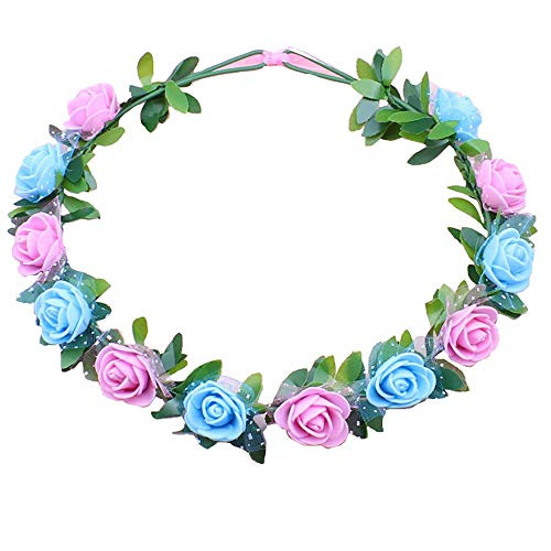 Floral Fall Boho Sunflower Crown Hippies Daisy Hair Wreath Headpiece Photo Props for Family Photo Winter -Pink  and  Blue