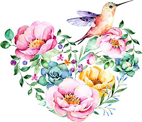 EW Designs Magnet Pretty Watercolor Flower Hummingbird Heart Cartoon Magnetic Vinyl Magnet Bumper Sticker  4 inch Wide