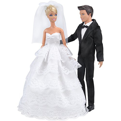 E-TING Wedding Pack, Beautiful Gown Bride Dress Clothes with Veil and Groom Formal Outfit Business Suit for Barbie Ken Dolls Gift E-TING Wedding Pack, Beautiful Gown Bride Dress Clothes with Veil and Groom Formal Outfit Business Suit for Barbie Ken Dolls Gift
