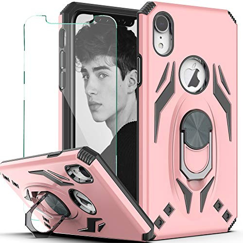 YmhxcY iPhone XR  6.1 inch  Case with HD Screen Protector Military Grade Phone Case with Rotating Holder Kickstand for iPhone XR-TX Rose Gold