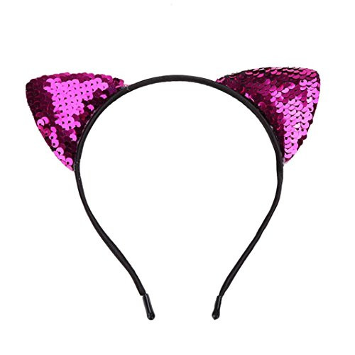 Reversible Sequin Cat Ears Headband Shiny Cat Ear Hair Hoops Cute Bling Kitty Hairband Hair Accessories for Women Girls Daily Wearing and Party Decoration  Hot Pink