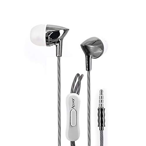Acuvar Wired Ear Bud Headphones with Passive Noise Cancelling in-line Microphone and Play Pause Button  Silver