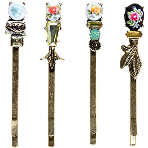 AUEAR 4 Pack Vintage Bobby Pins Flowers Crystal Hair Pins Rhinestone Hair Clips for Women