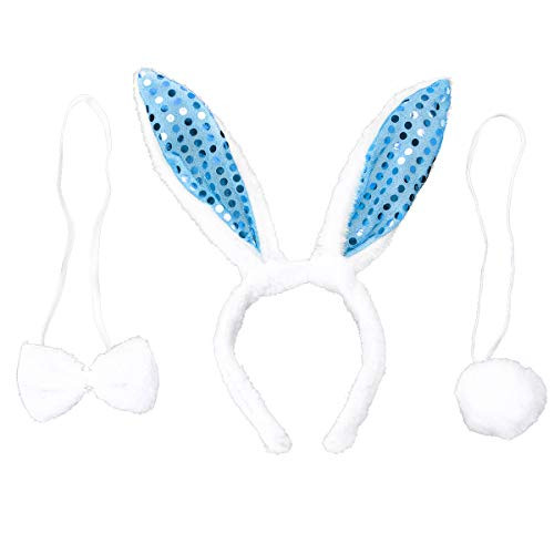 Amosfun 3pcs Rabbit Ears and Tail Set Bunny Ears Headband Bow Tie and Tail Kids Animal Party Cosplay Costume Blue