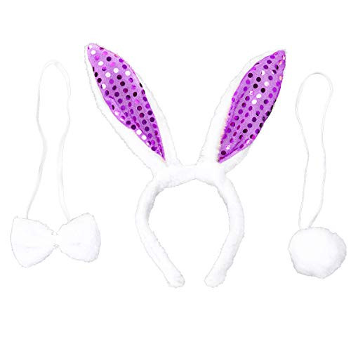 Amosfun 3pcs Rabbit Ears and Tail Set Bunny Ears Headband Bow Tie and Tail Kids Animal Party Cosplay Costume Purple