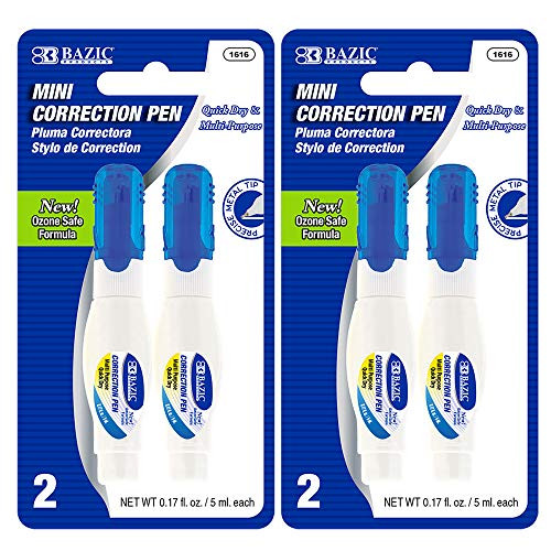 BAZIC 5 mL Metal Tip Mini Correction Pen Precise Metal Tip Applicator Squeeze White Out Pens Wipe Out Fluid Corrections for Office School  and  Home  2 Pack  2-Pack