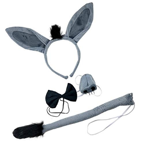 Minkissy 4Pcs Animals Ears Headband Donkey Ears Nose and Tail Set Halloween Costume Hairband for Performance Masquerade Party
