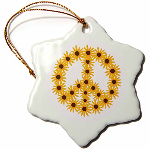 3dRose orn_44547_1 Yellow Orange Sunflowers Peace Sign Snowflake Porcelain Ornament, 3-Inch