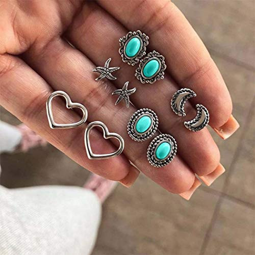 Aimitery Boho Turquoise Ear Studs Silver Love Stud Earring Moon Earring Sets Jewelry Accessories for Women and Girls Aimitery Boho Turquoise Ear Studs Silver Love Stud Earring Moon Earring Sets Jewelry Accessories for Women and Girls