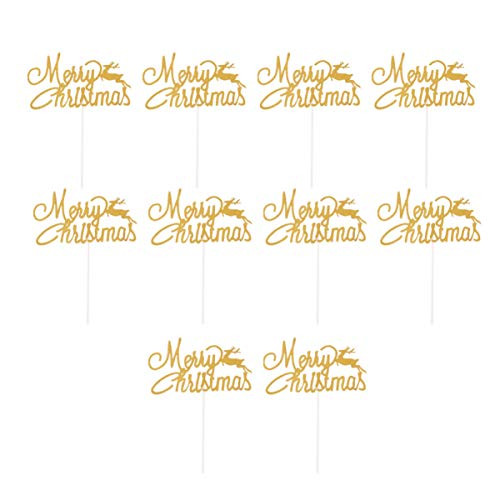 SUPVOX 10pcs Merry Christmas Cake Topper Deer Xmas Glitter Paper Cake Picks Cake Decor Dessert Topper Party Supplies Pick for Christmas  Golden