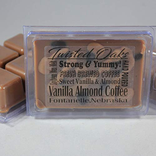 Vanilla Almond Coffee. Sweet Vanilla Buttery Almonds and Fresh Brewed Coffee Scent Soybean Blend Wax Melt. Hand Poured by Twisted Oaks Wax Works Nebraska.
