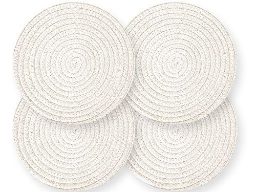 Cotton Round Woven Coasters Drink - Handmade Braided Cup Coasters Absorbent Woven Coasters Hot Pads Mats for Drink Home Kitchen Heat-Resistant Reusable Non-Slip  4 pcs white