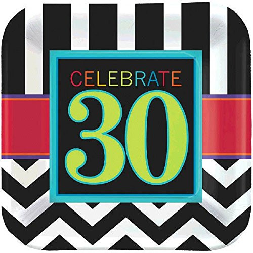 amscan Must-Have Chevron and Stripes 30th Birthday Party Square Dessert Plates Tableware Pack of 8 Multi  7 inch Paper