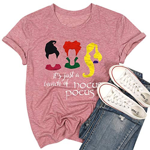 MAXIMGR Its Just A Bunch of Hocus Pocus T-Shirt for Women Halloween Sanderson Sisters T Shirt Short Sleeve Fall Top Tees  S Pink